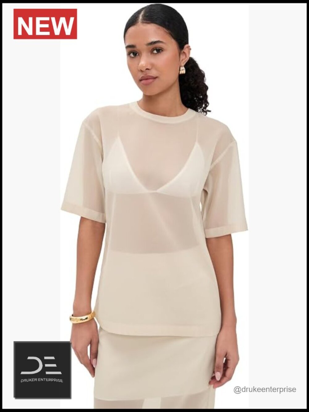 Lightweight Non-Stretch Organza Crew Neck Tee with Elbow-Length Sleeves Button